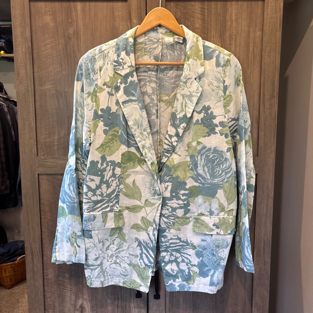 Joie Blazer Blue Green Floral 100% Linen Single Button Jacket Medium